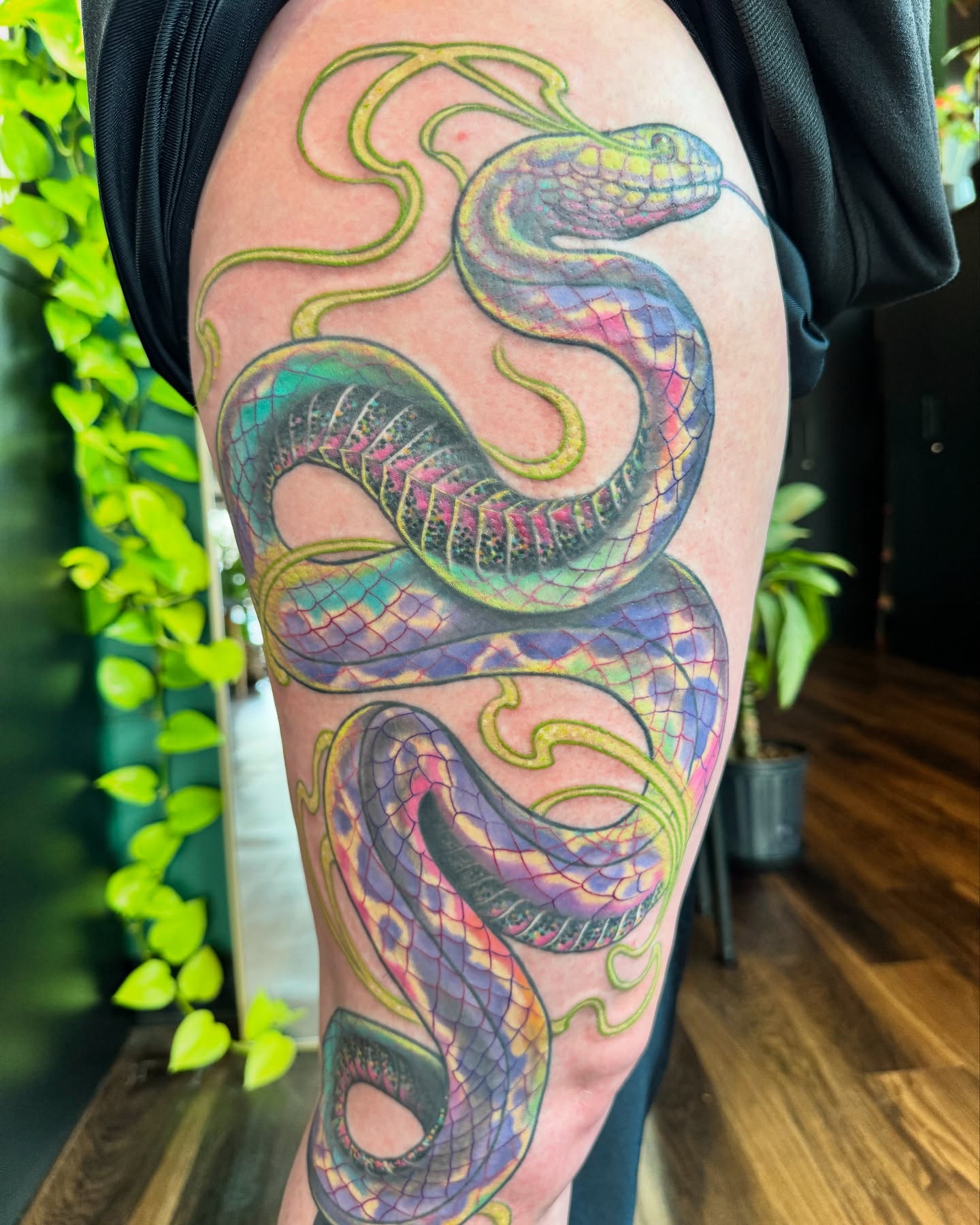 Snake new school tattoo on the thigh by Chelsea Youngblood, Seattle, Washington