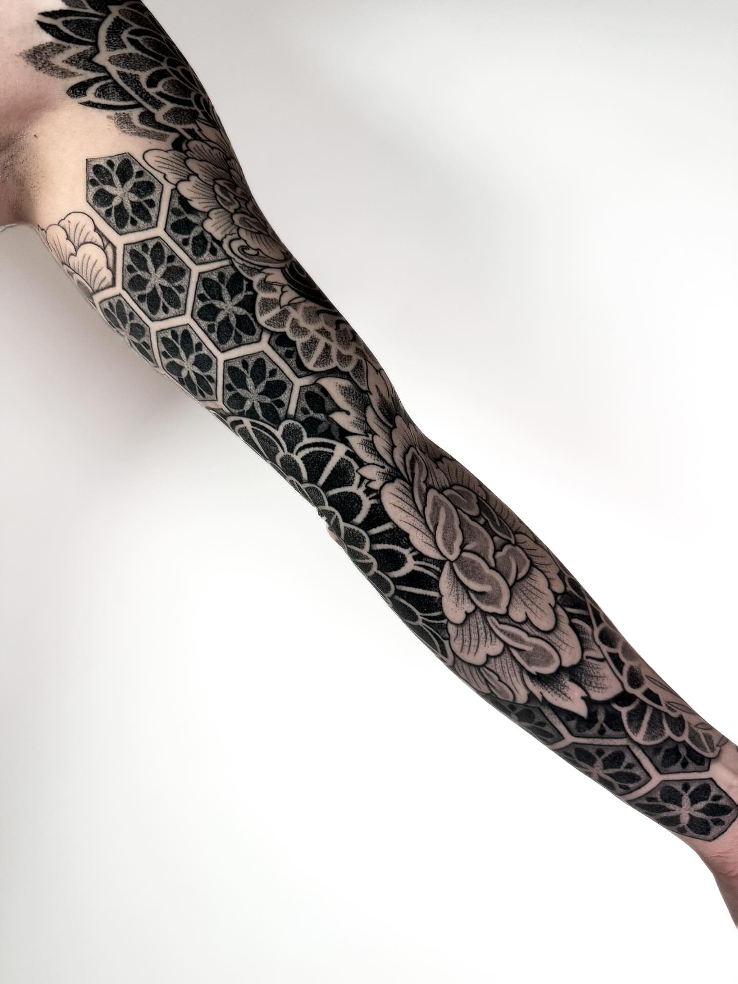 Geometric floral pattern geometric tattoo on the forearm by Jamie Beach, Wheat Ridge, Colorado