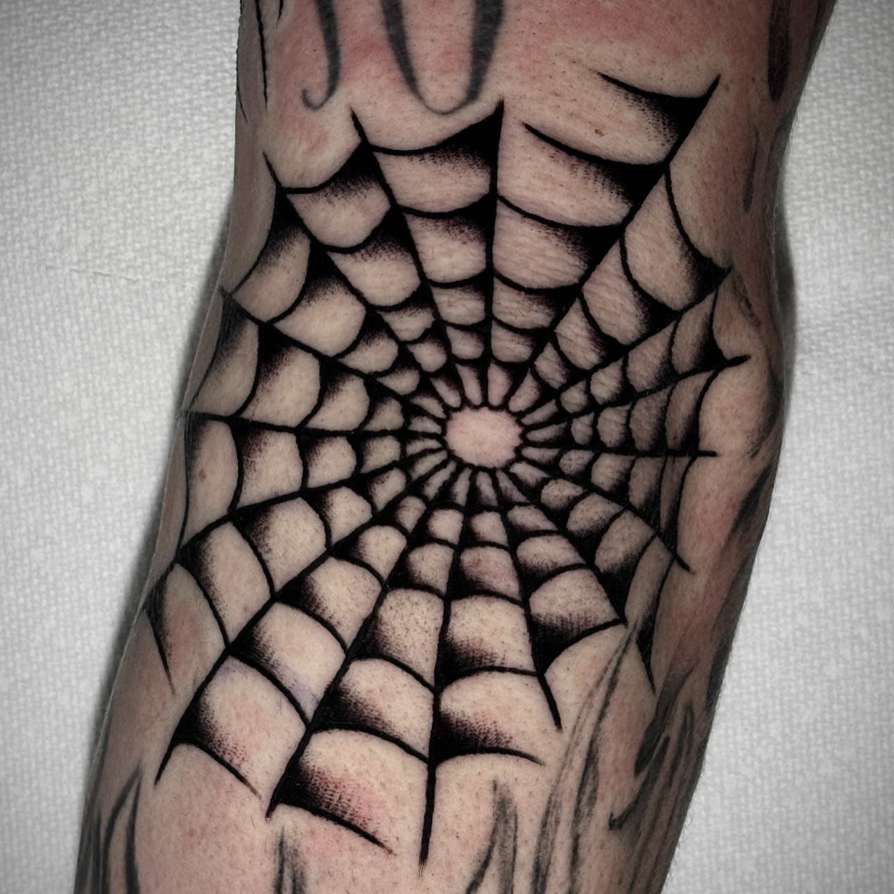 Spider web dotwork tattoo on the forearm by Matt Elliott, Murfreesboro, Tennessee