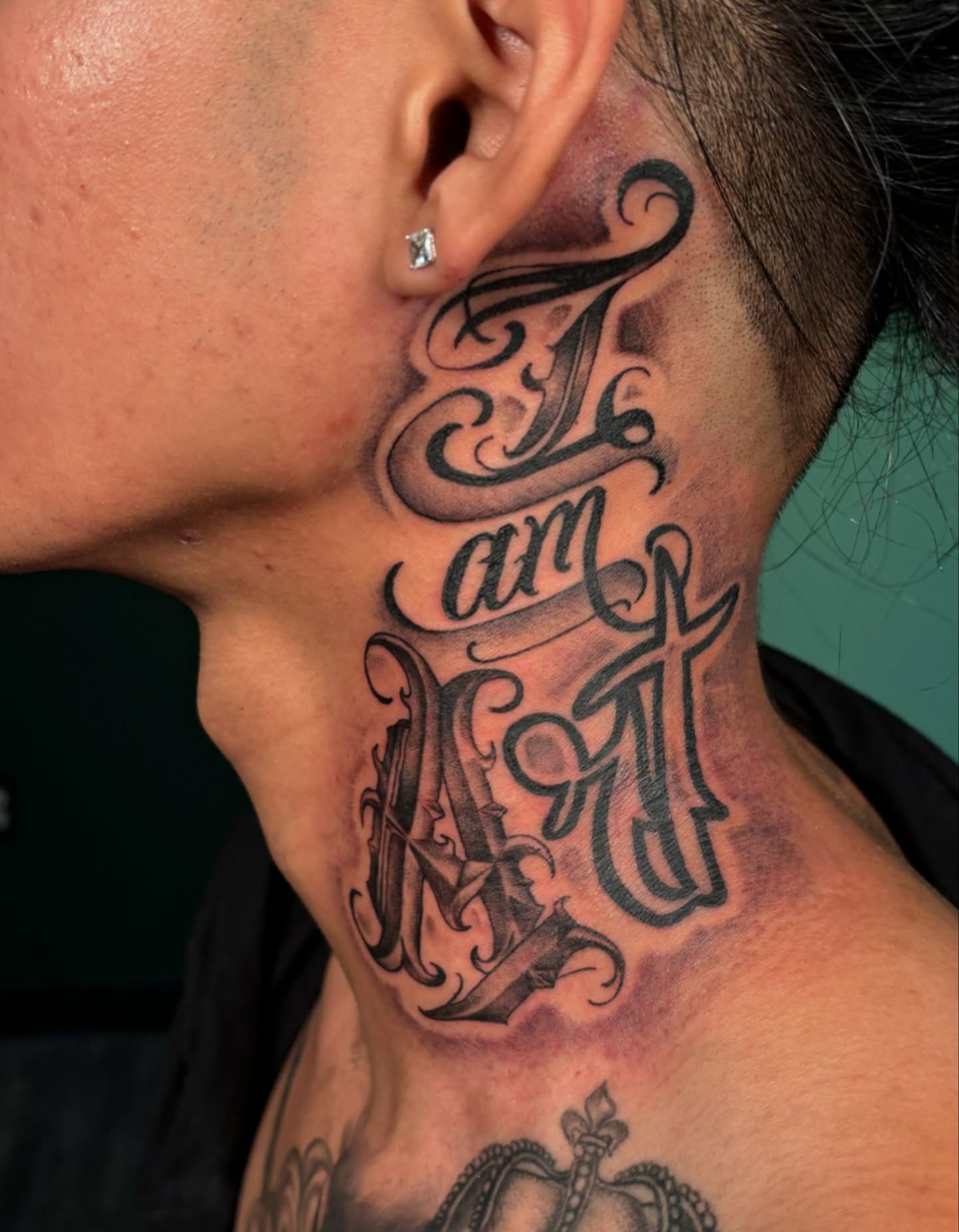 I am Art lettering script tattoo on the neck by @seibastattoos, Virginia Beach, Virginia