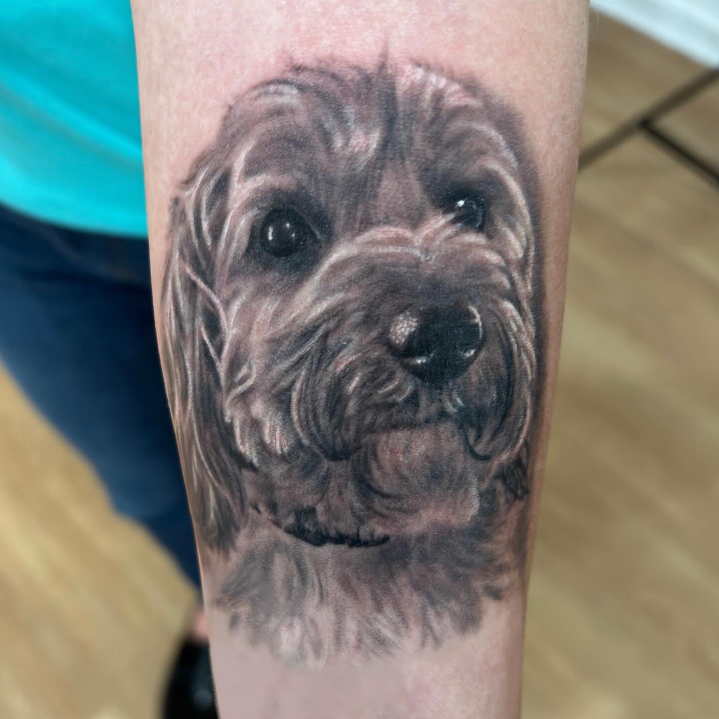 Dog realism tattoo on the forearm by Rusty Dornhecker, Columbus, Ohio