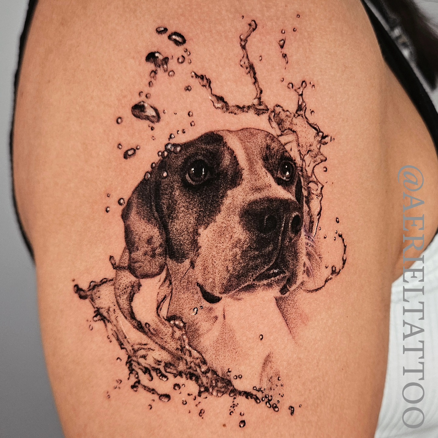 Dog dotwork tattoo on the shoulder by Dallas Tattoo artist