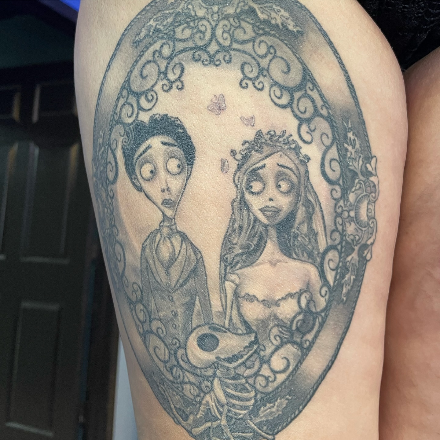Corpse bride and groom dark realism tattoo on the thigh by Abel Ponce