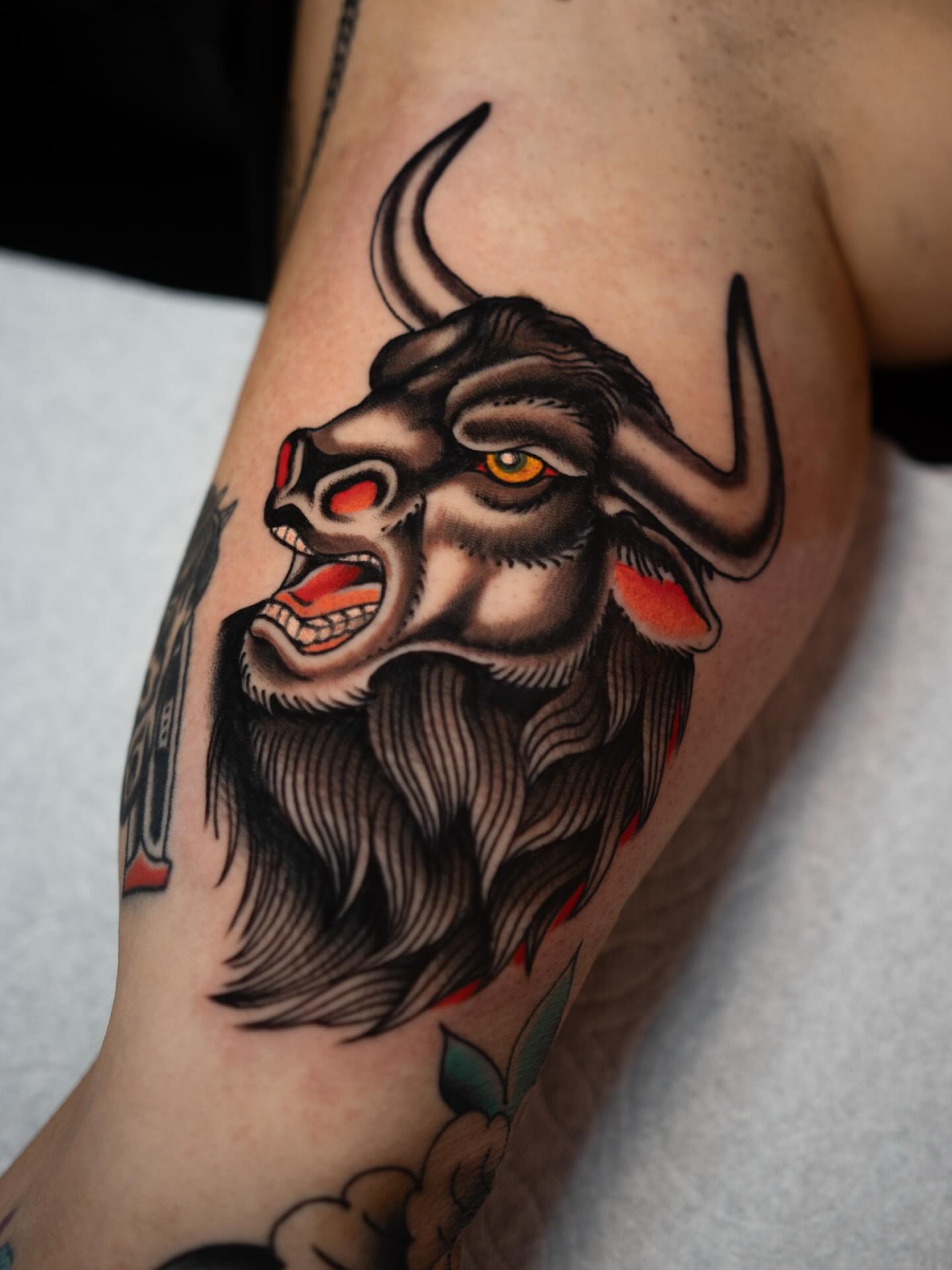 Bull head American traditional tattoo on the forearm by Danny Derrick, San Luis Obispo, California