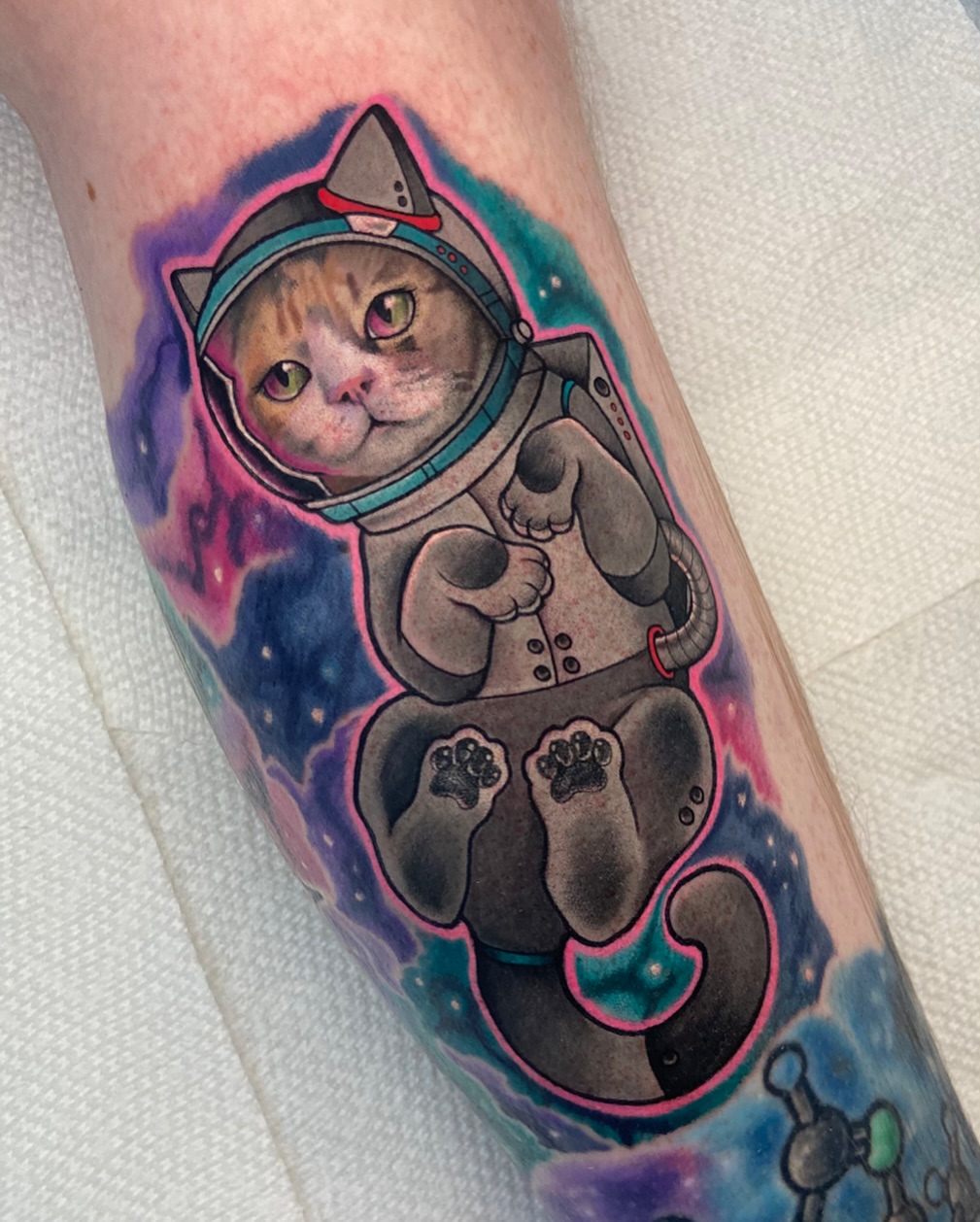 Astronaut cat new school tattoo on the forearm by ππππππ