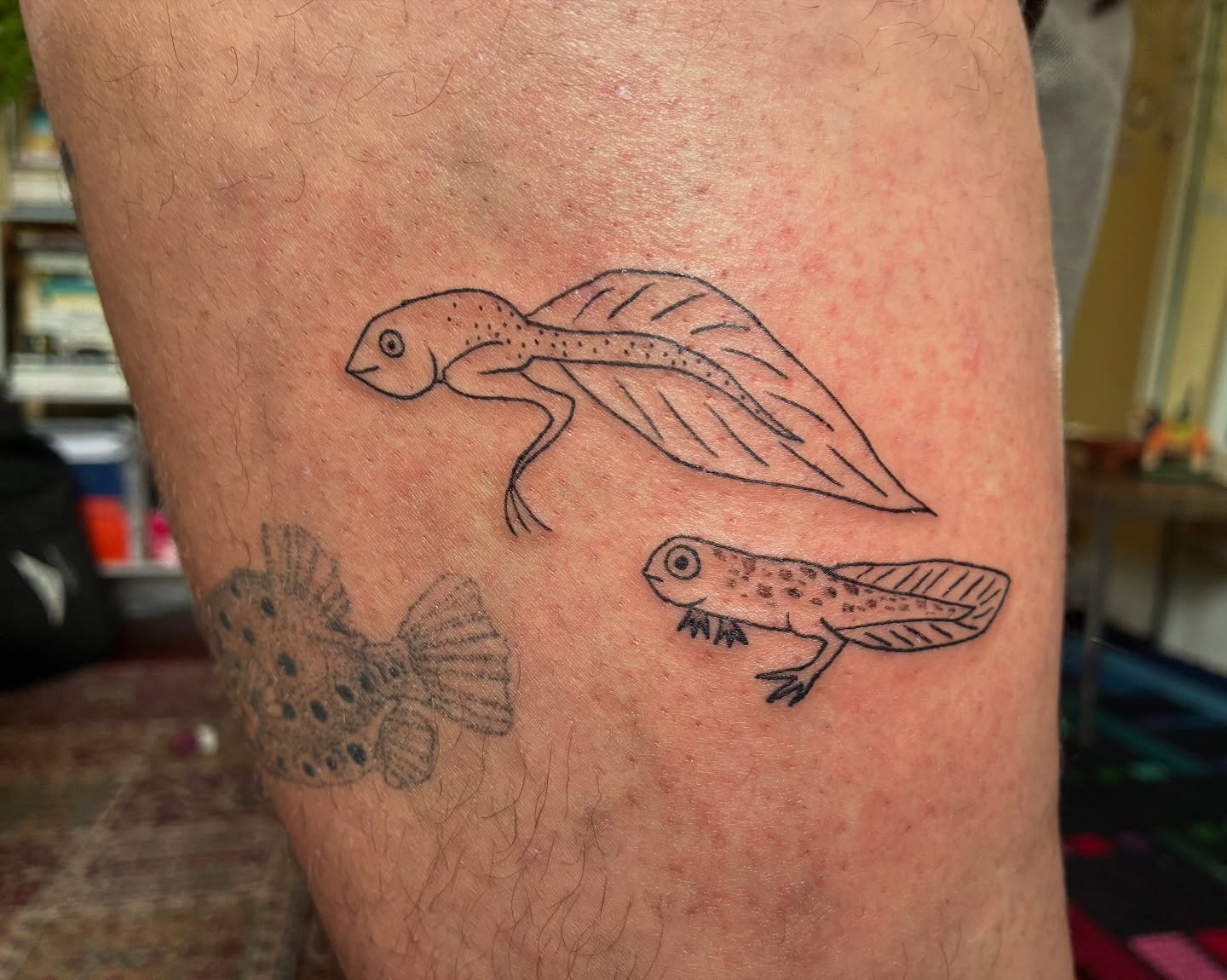 Flying fish black and grey tattoo on the thigh by Steph Liebetreu