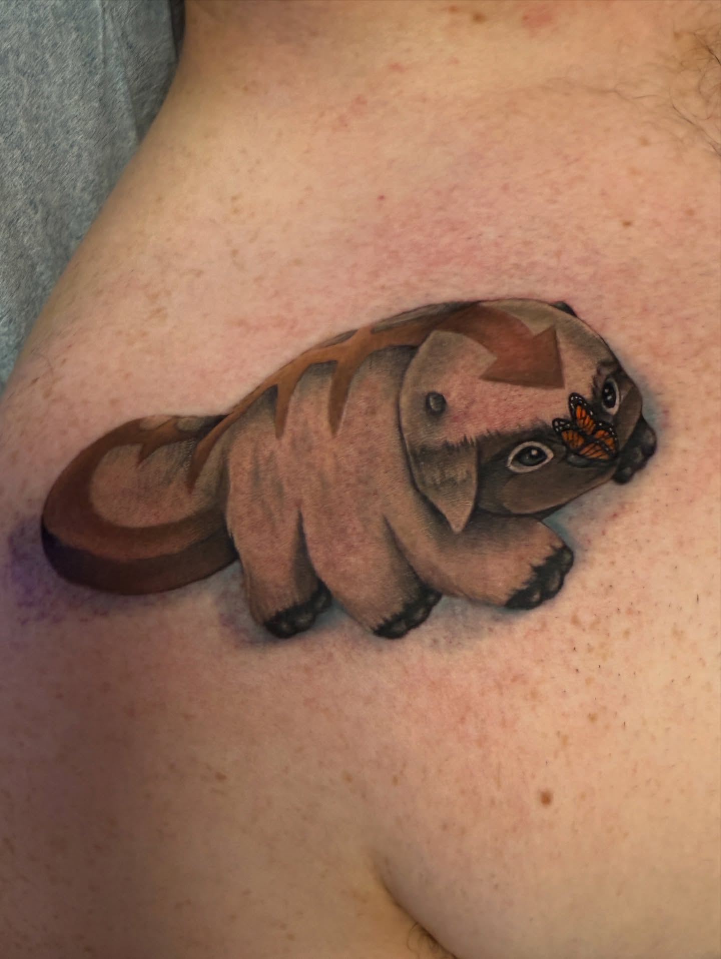 Piglet with butterfly realism tattoo on the chest by Kbryanttattoos, Ohio City, Ohio