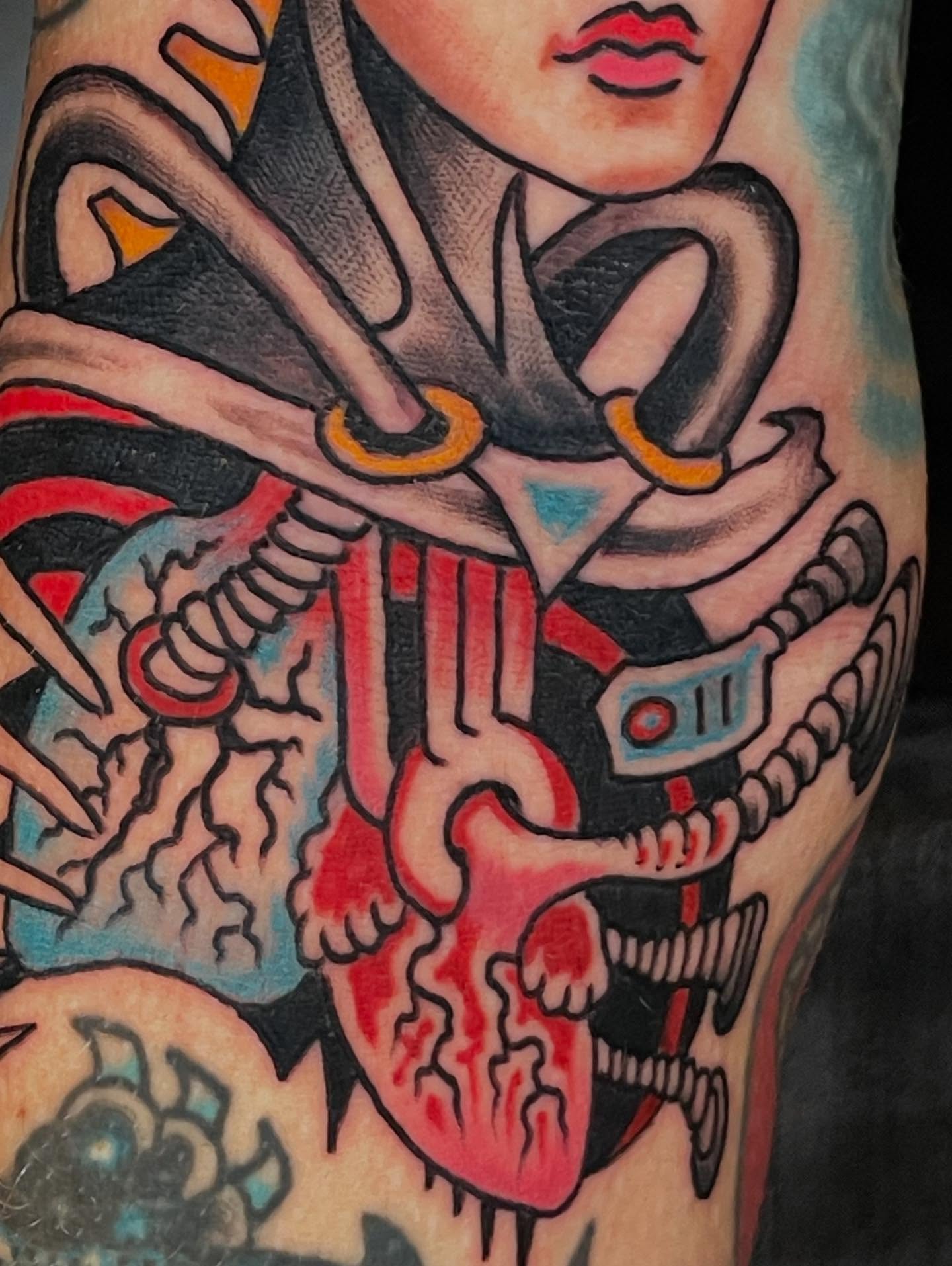 Cyborg anatomy American traditional tattoo on the thigh by Ian Bederman, Austin, Texas