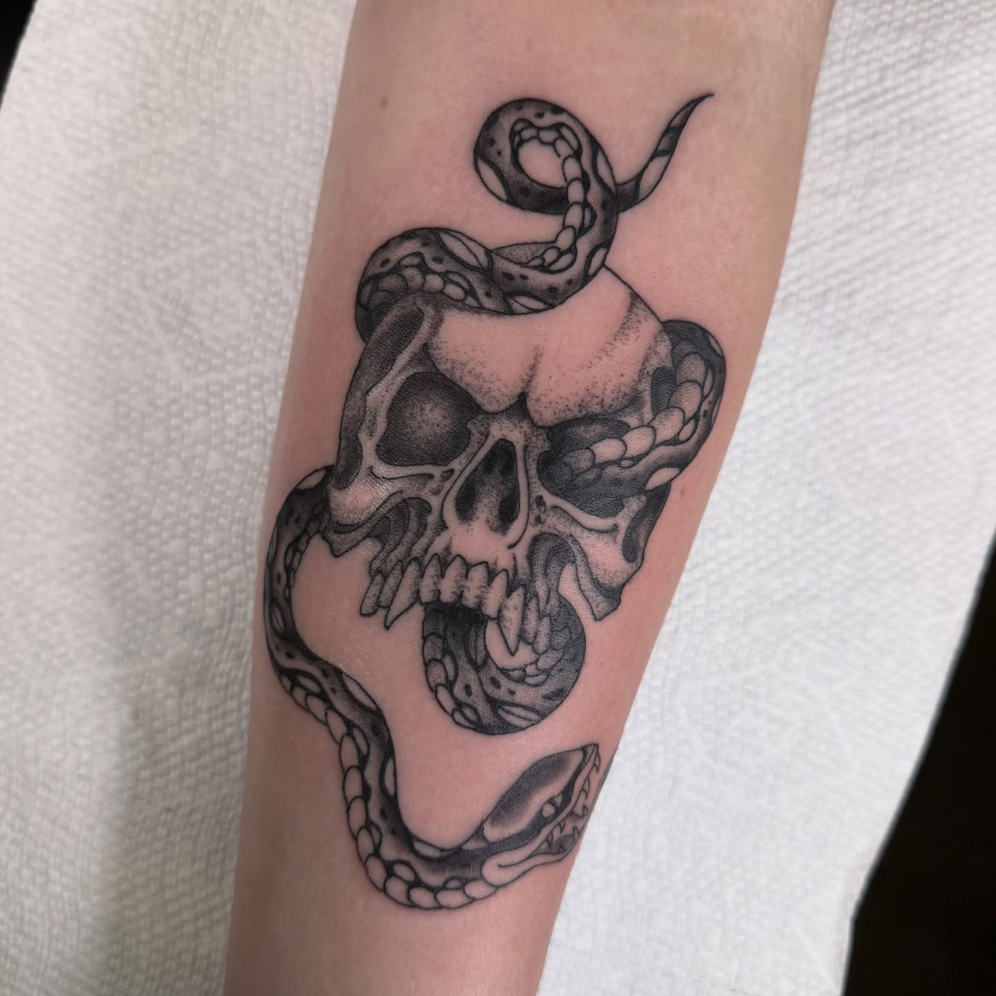 Skull and snake dotwork tattoo on the forearm by Scott Kulikowski