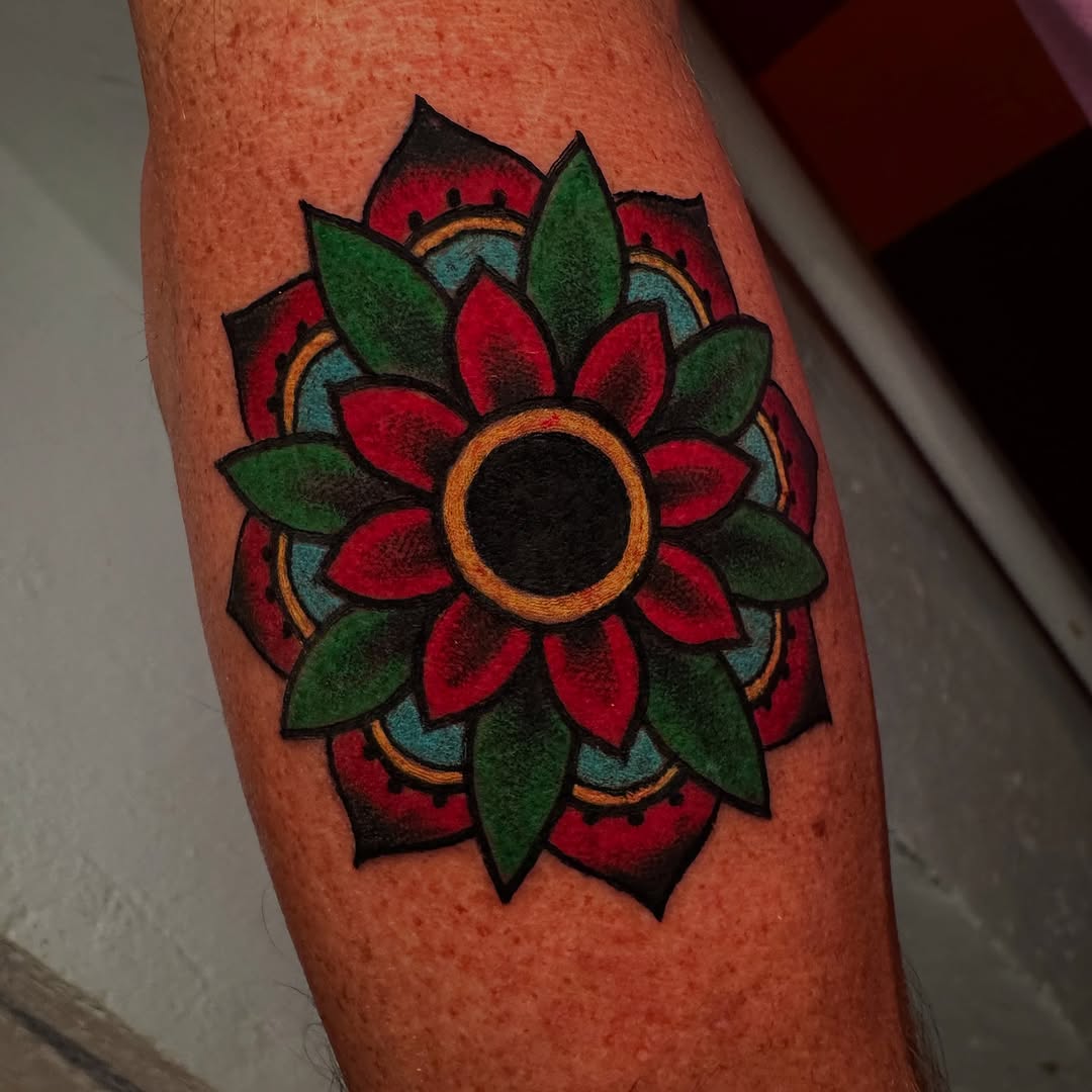 Flower mandala neo-traditional tattoo on the forearm by Lisa Nikolopoulos, New York, New York