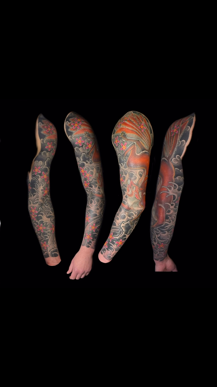Dragon and koi sleeve japanese irezumi tattoo by Mark Thompson, Dallas, Texas