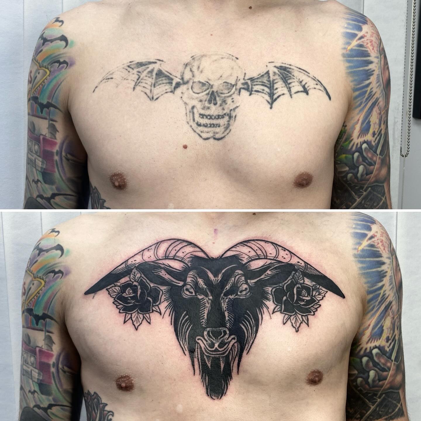 Skull with wings black and grey tattoo on the chest by Mike Gorman - Portland Maine Tattoo Artist, Portland, Maine