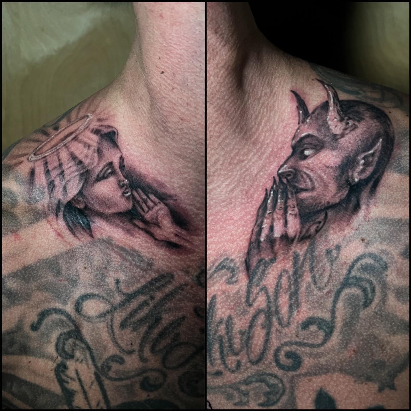 Angel and devil realism tattoo on the chest by Bob Simmons