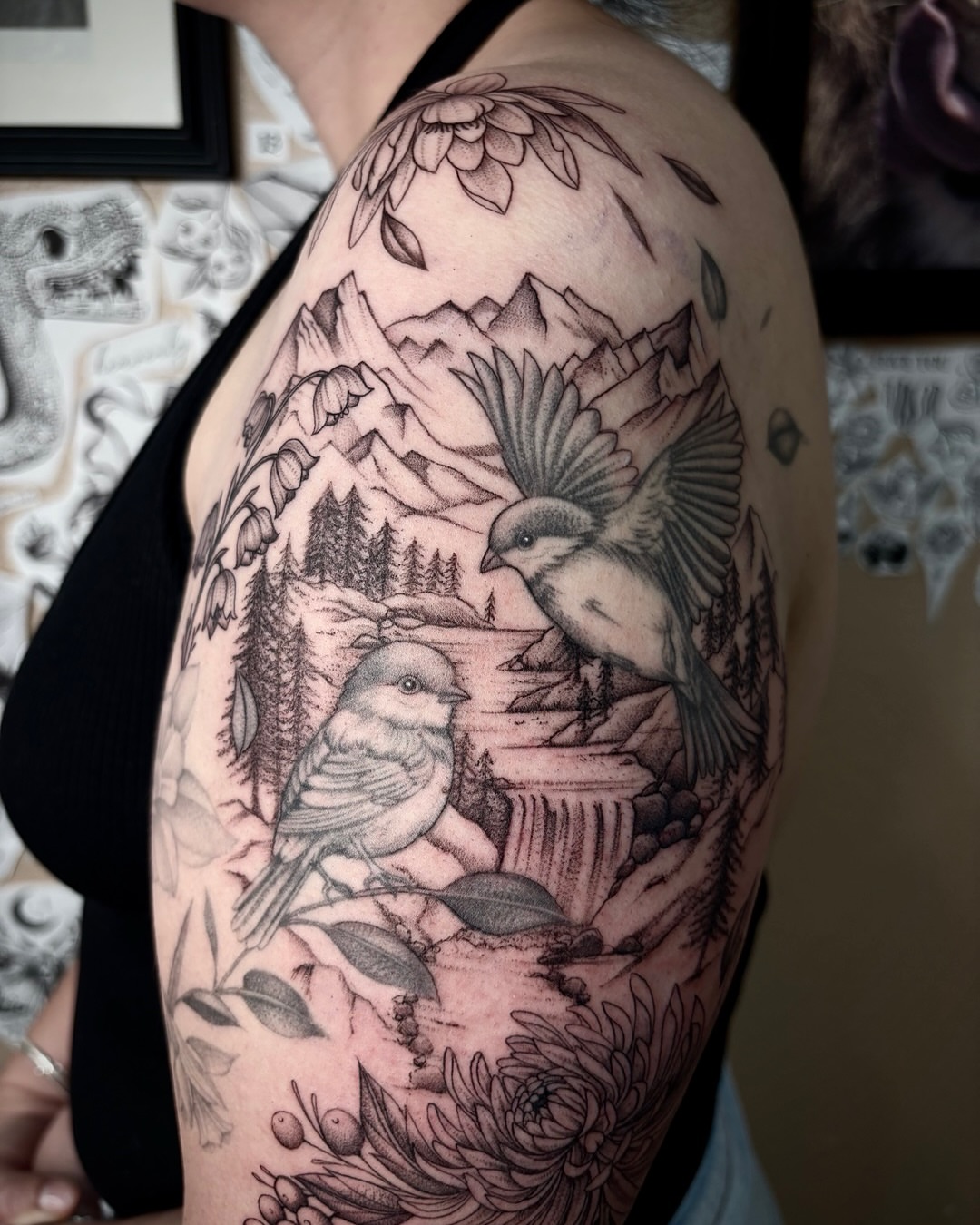 Mountain landscape with birds realism tattoo on the shoulder by Alexandria Gudiel