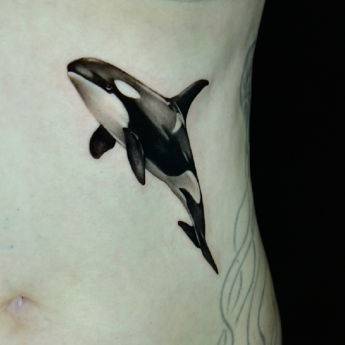 Orca whale realism tattoo on the forearm by Milk Tattoos 🇸🇻🇪🇸