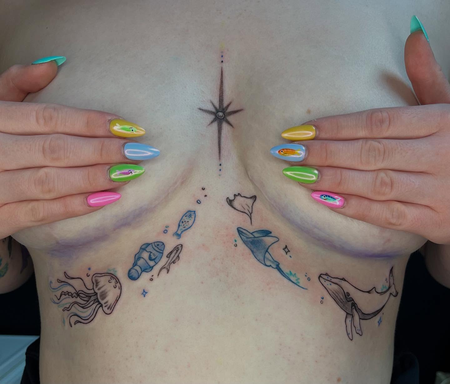 Underwater creatures new school tattoo on the chest by LooSid