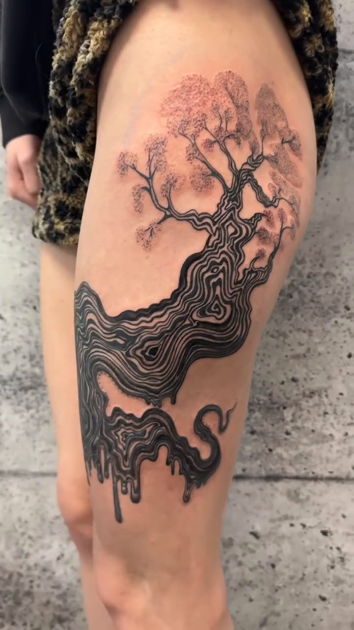 Tree with dripping roots realism tattoo by Aura Noire