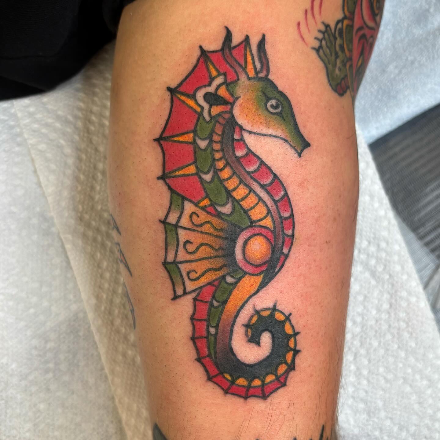 Seahorse American traditional tattoo on the forearm by Brandi ⛓, Detroit, Michigan
