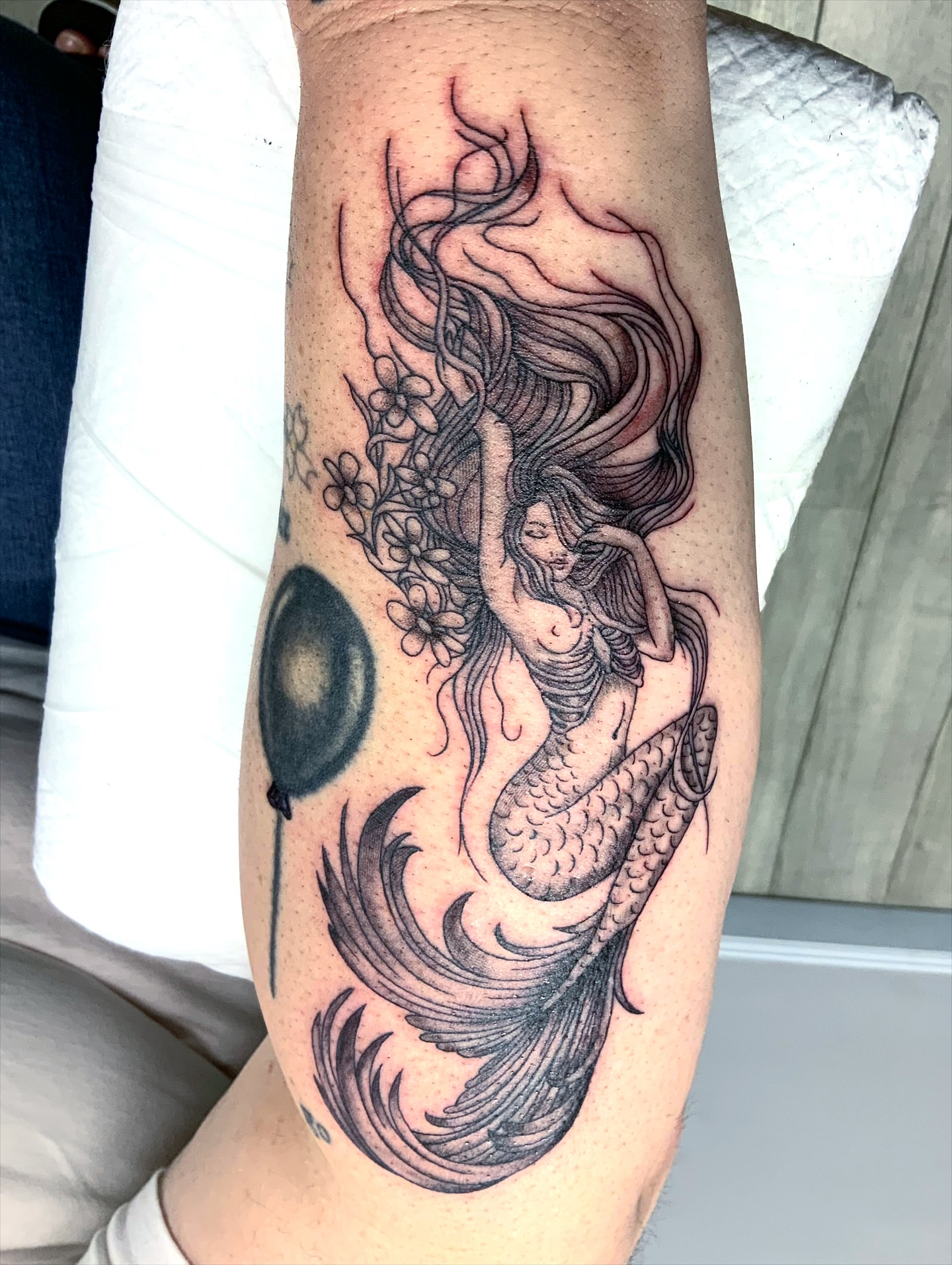 Mermaid black and grey tattoo on the forearm by QUEEN TATTOO Stephanie Larson