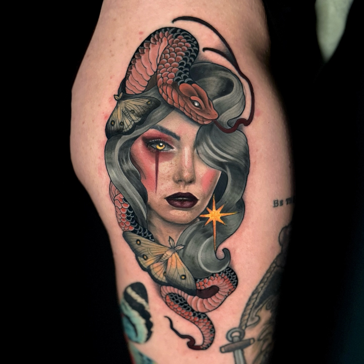 Woman with snake American traditional tattoo on the forearm by ๐ ๐ต๐๐๐๐๐ ๐ฎ๐๐๐๐๐๐๐๐๐