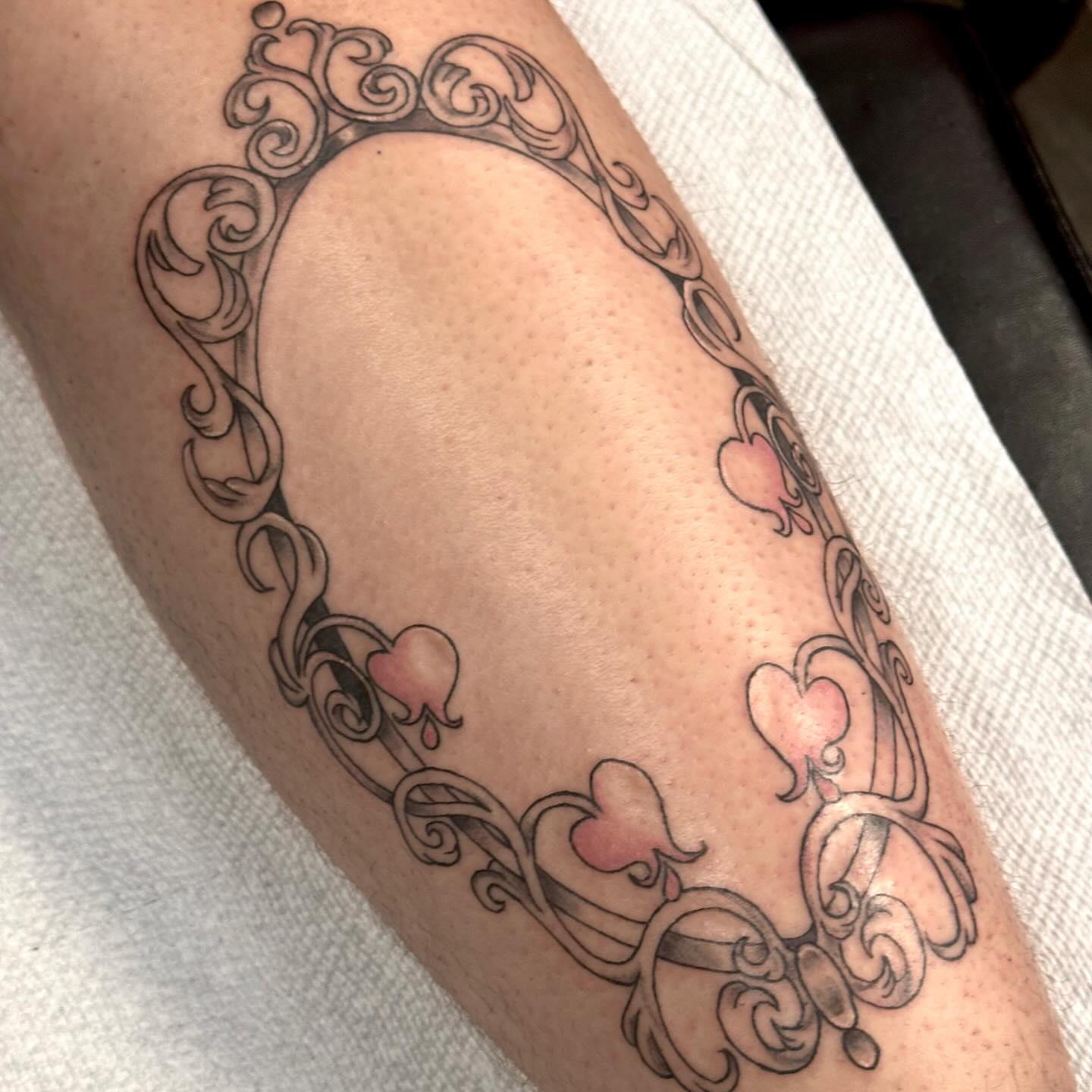 Scrollwork with hearts ornamental tattoo on the forearm by ✦ Louie ✦, Sterling Heights, Michigan
