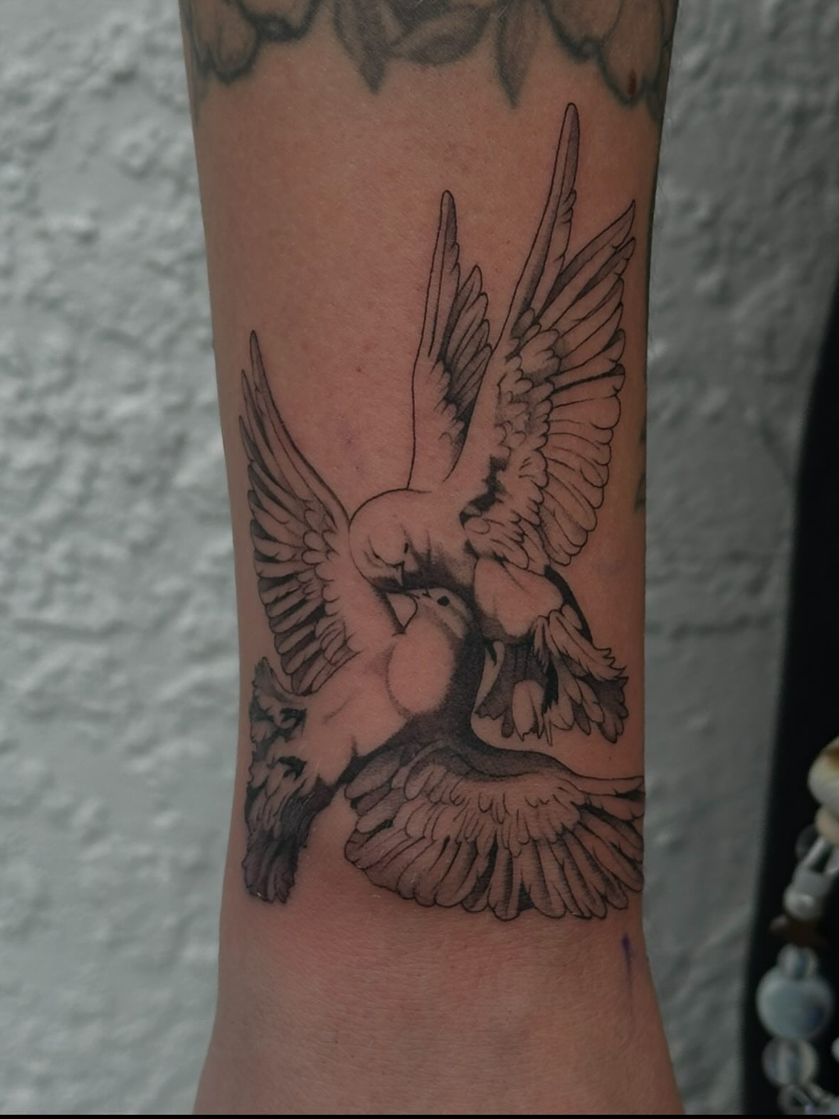 Birds black and grey tattoo on the forearm by christy 💌