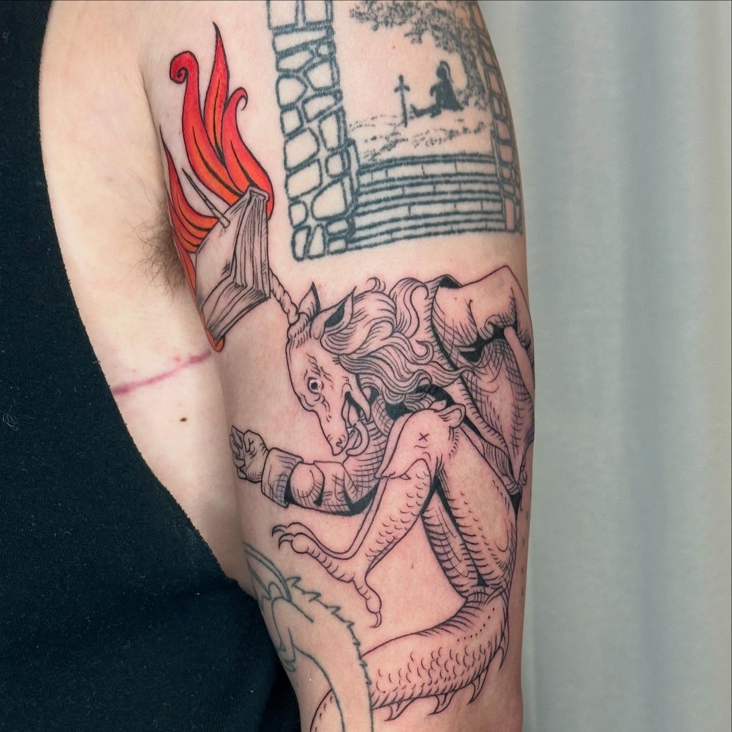 Dragon and knight black and grey tattoo on the forearm by ɪᴍᴏɢᴇɴ 🏳️🌈 sᴇᴀᴛᴛʟᴇ ᴛᴀᴛᴛᴏᴏ ᴀʀᴛɪsᴛ, Seattle, Washington