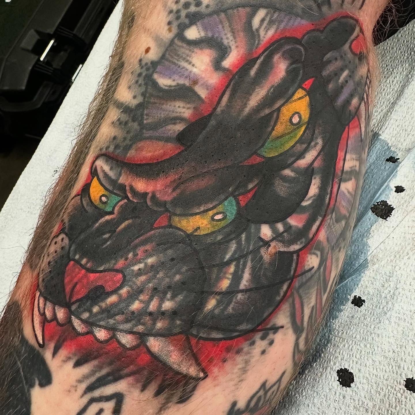 Bull American traditional tattoo on the forearm by Devin Spenny