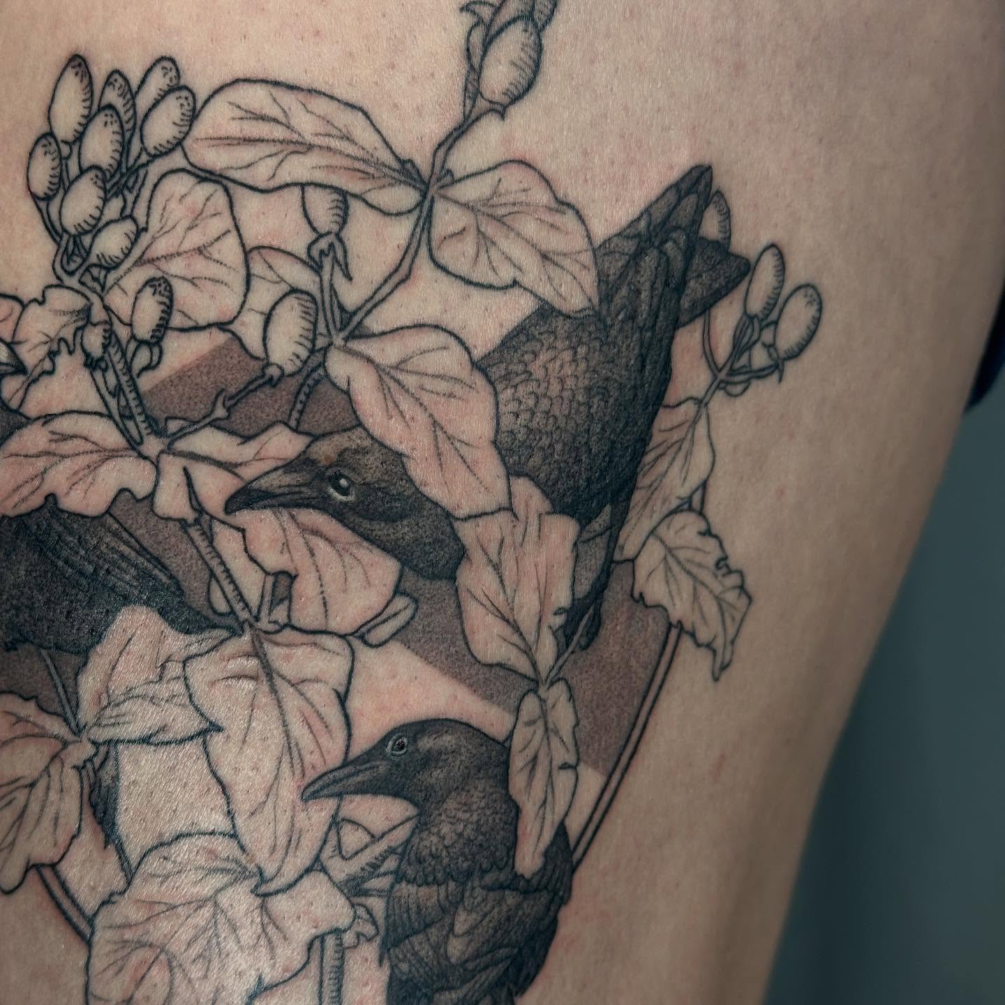 Birds and leaves realism tattoo on the thigh by ɪᴍᴏɢᴇɴ 🏳️🌈 sᴇᴀᴛᴛʟᴇ ᴛᴀᴛᴛᴏᴏ ᴀʀᴛɪsᴛ, Seattle, Washington