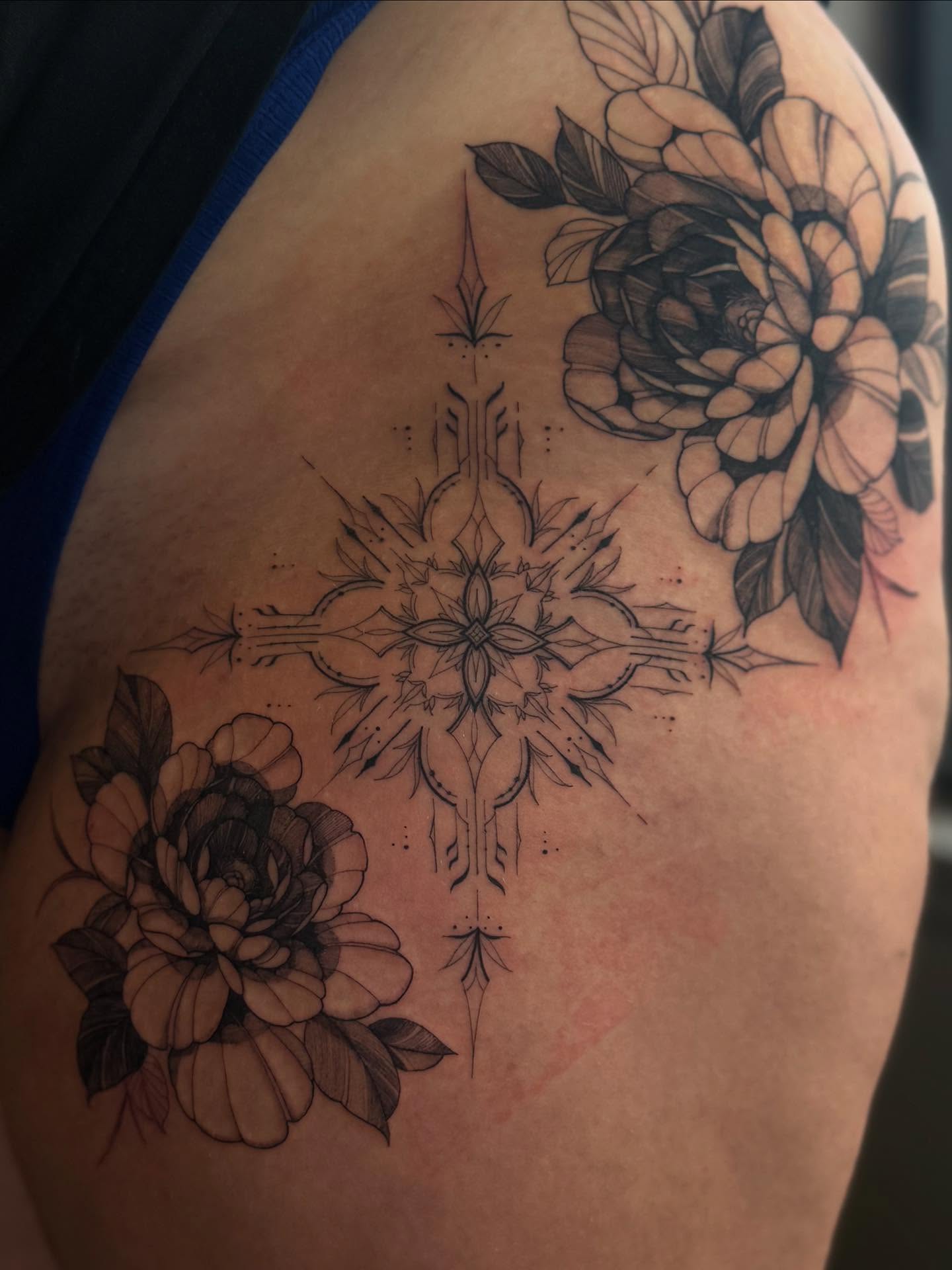 Floral mandala geometric tattoo on the shoulder by ❀ Moo, Mount Laurel, New Jersey