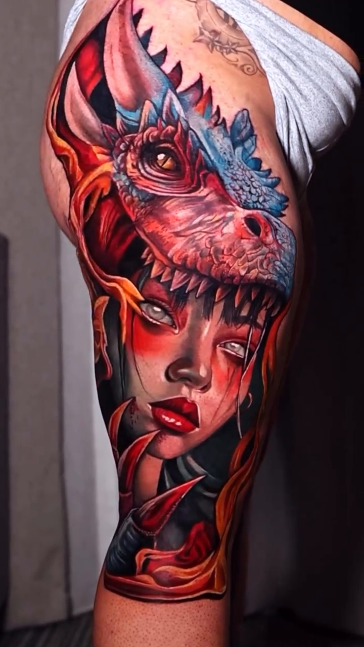 Dragon and woman realism tattoo by Maryssa Anne