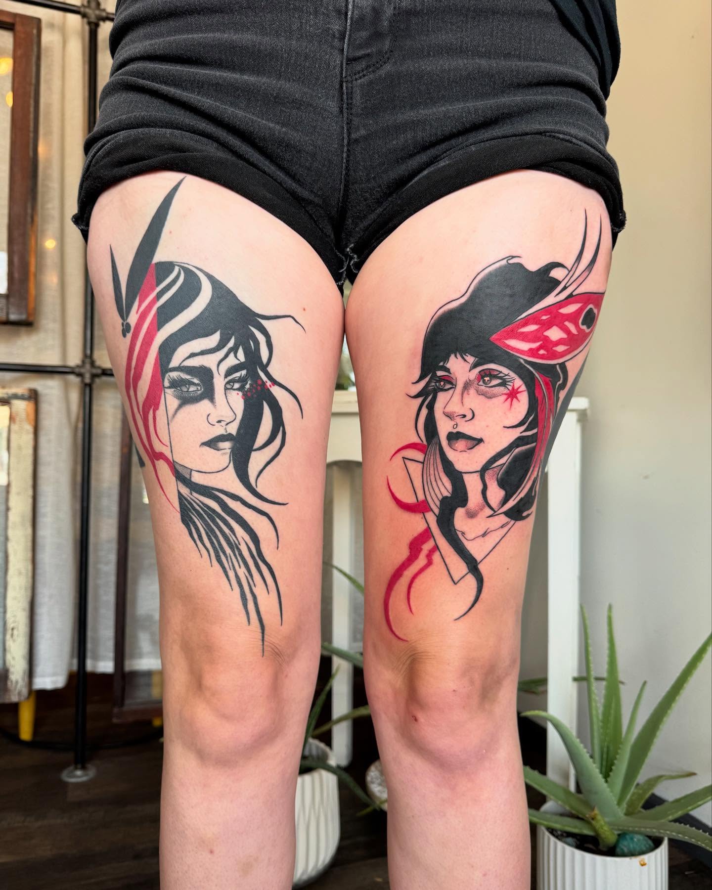 Woman with butterfly anime tattoo on the thigh by Paul Giovis