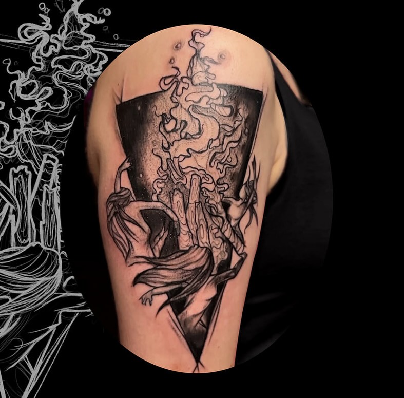 Tattoo by @monstermishtattoos — black_and_grey, illustrative