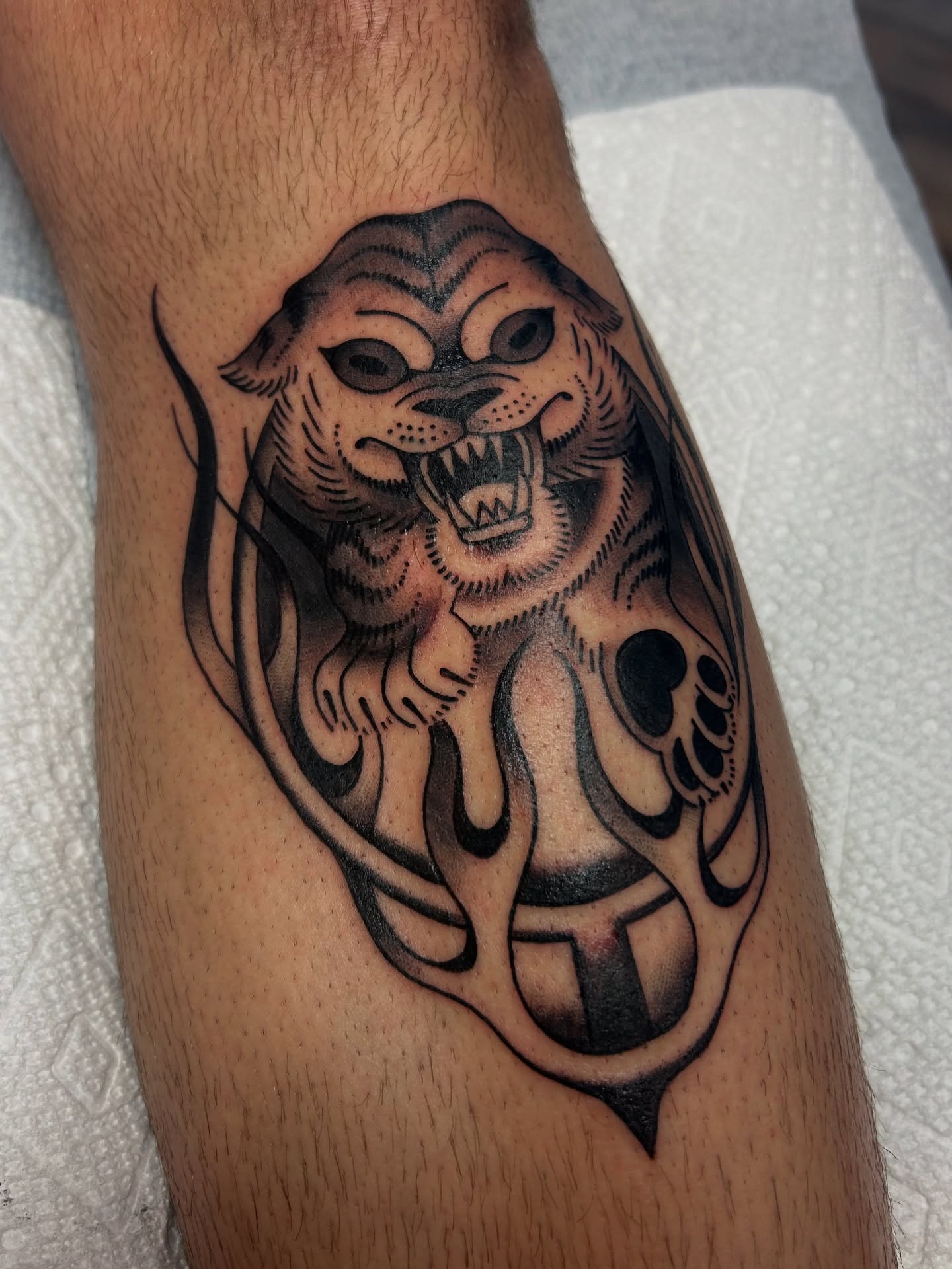 Roaring tiger tribal tattoo on the forearm by Lilly Binns