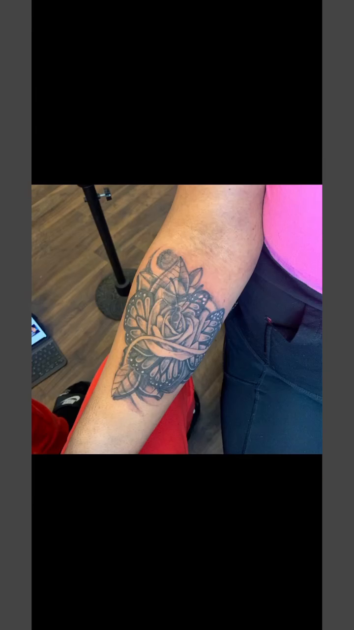Rose and butterfly tattoo geometric tattoo on the forearm by Azaan (Zanye), Birmingham, Alabama