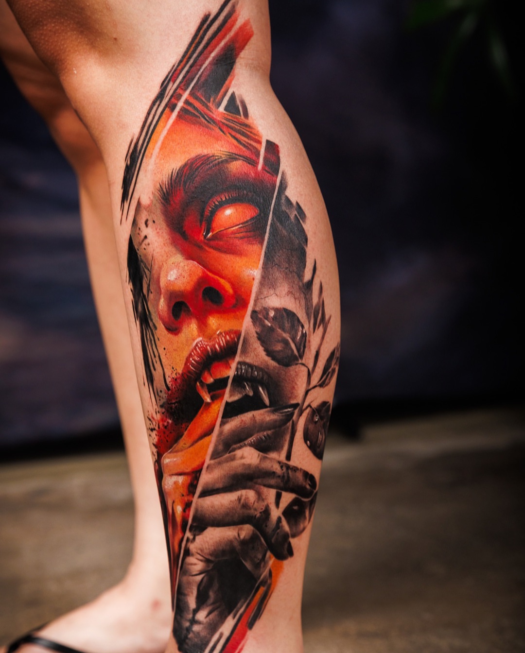 Abstract face realism tattoo on the calf by Juan Pablo Molina