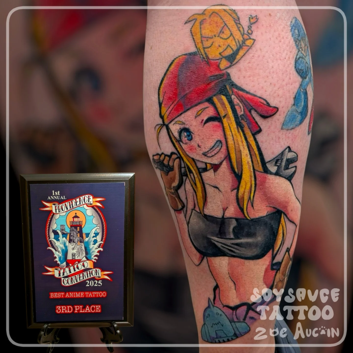 Anime character anime tattoo on the forearm by Zoe Aucoin