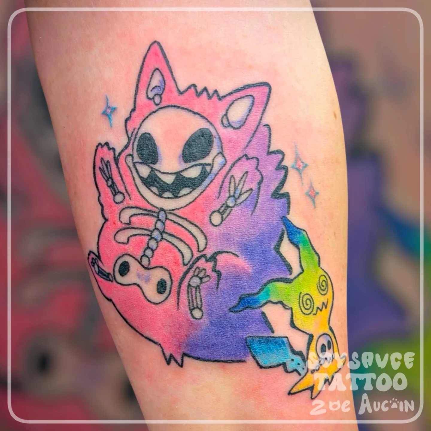 Cat-like creature dotwork tattoo on the forearm by Zoe Aucoin