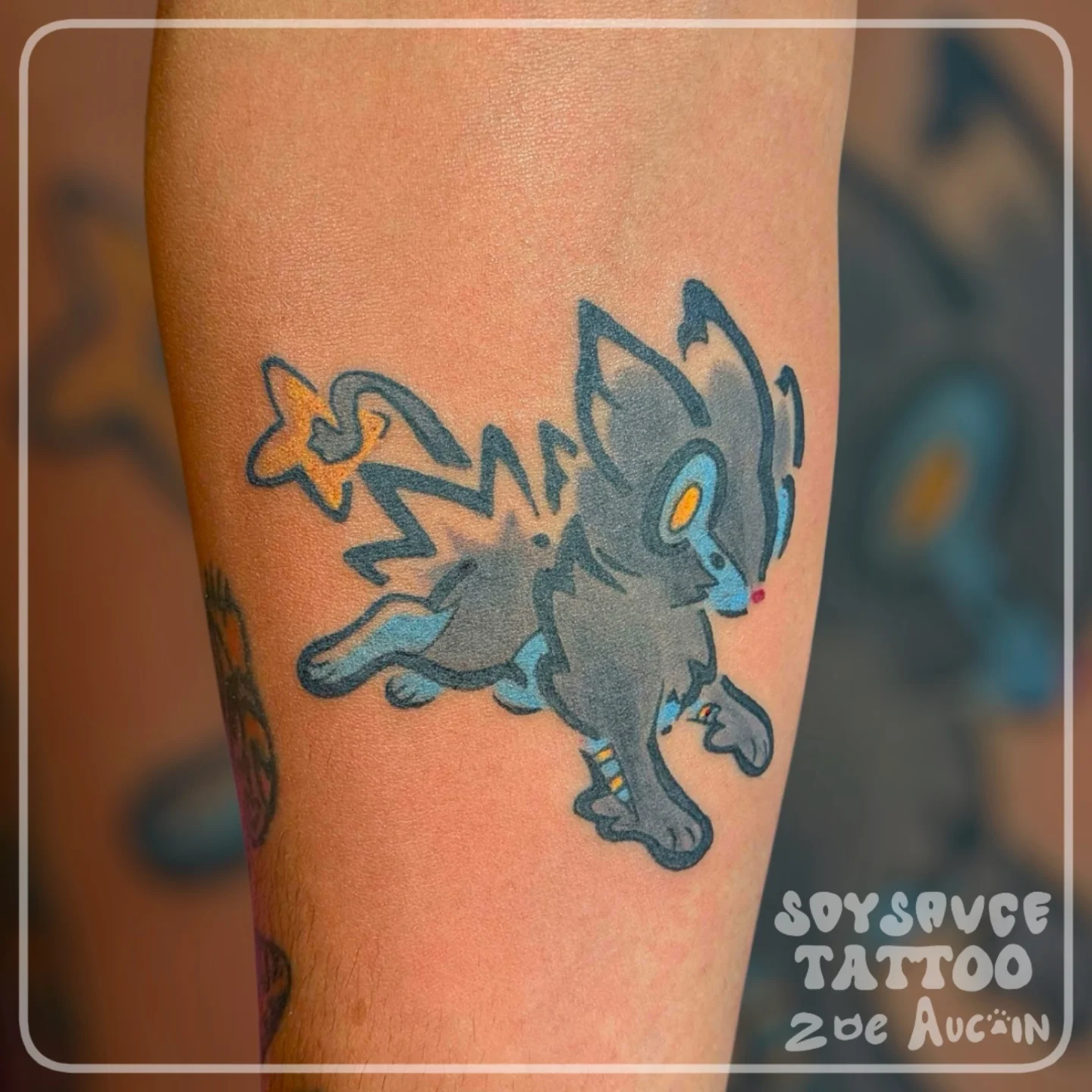 Wolf new school tattoo on the forearm by Zoe Aucoin