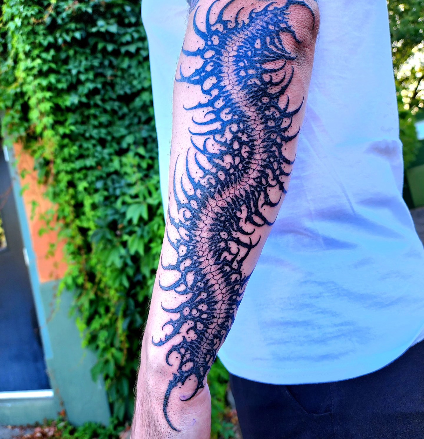Serpent blackwork tattoo on the forearm by @hellscribe
