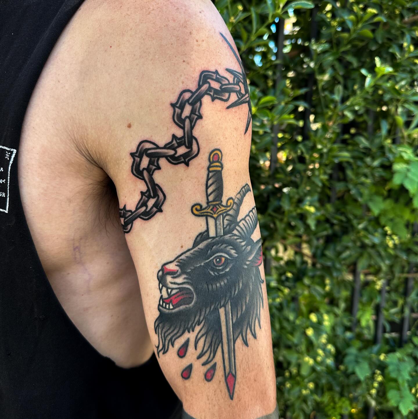 Goat head with dagger and chain American traditional tattoo on the upper arm by Gabby Tolley🌛