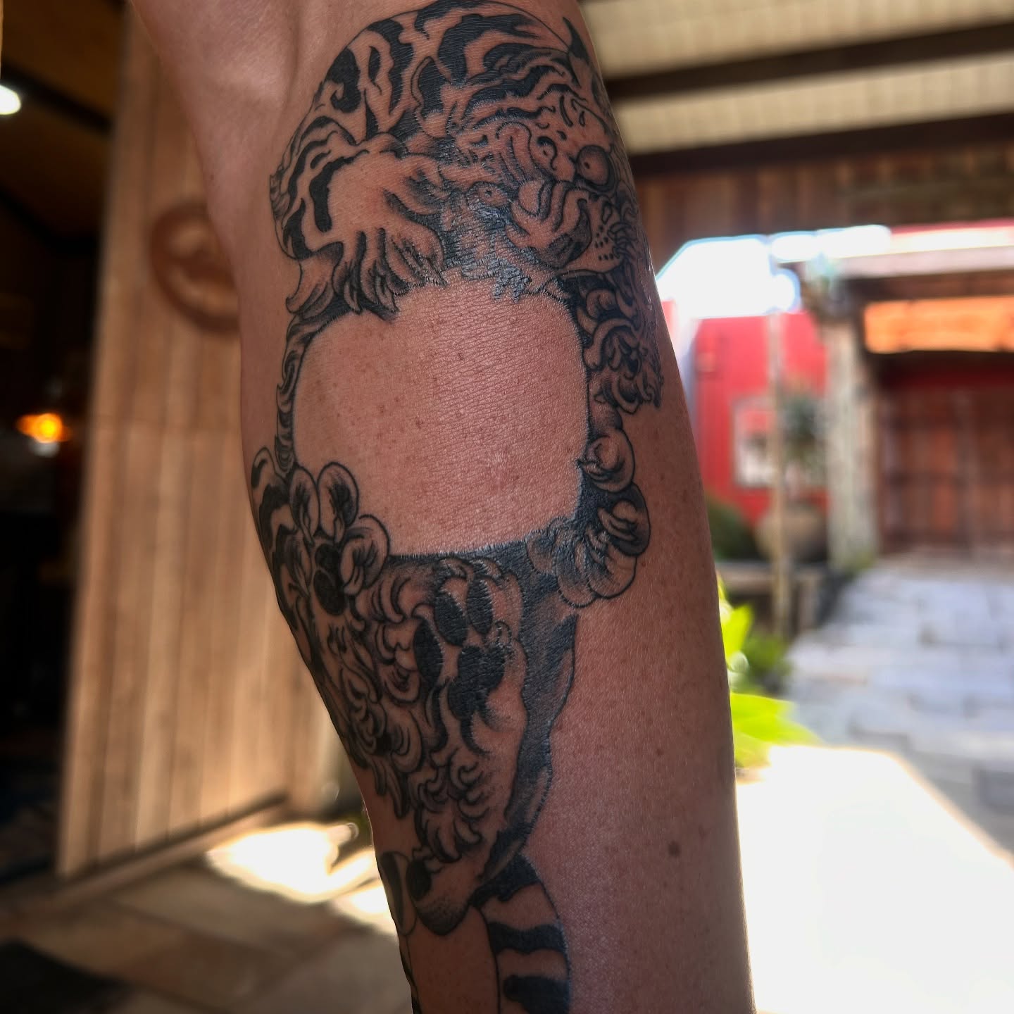 Lion and floral black and grey tattoo on the forearm by Amara Lyons, Matakana, New Zealand