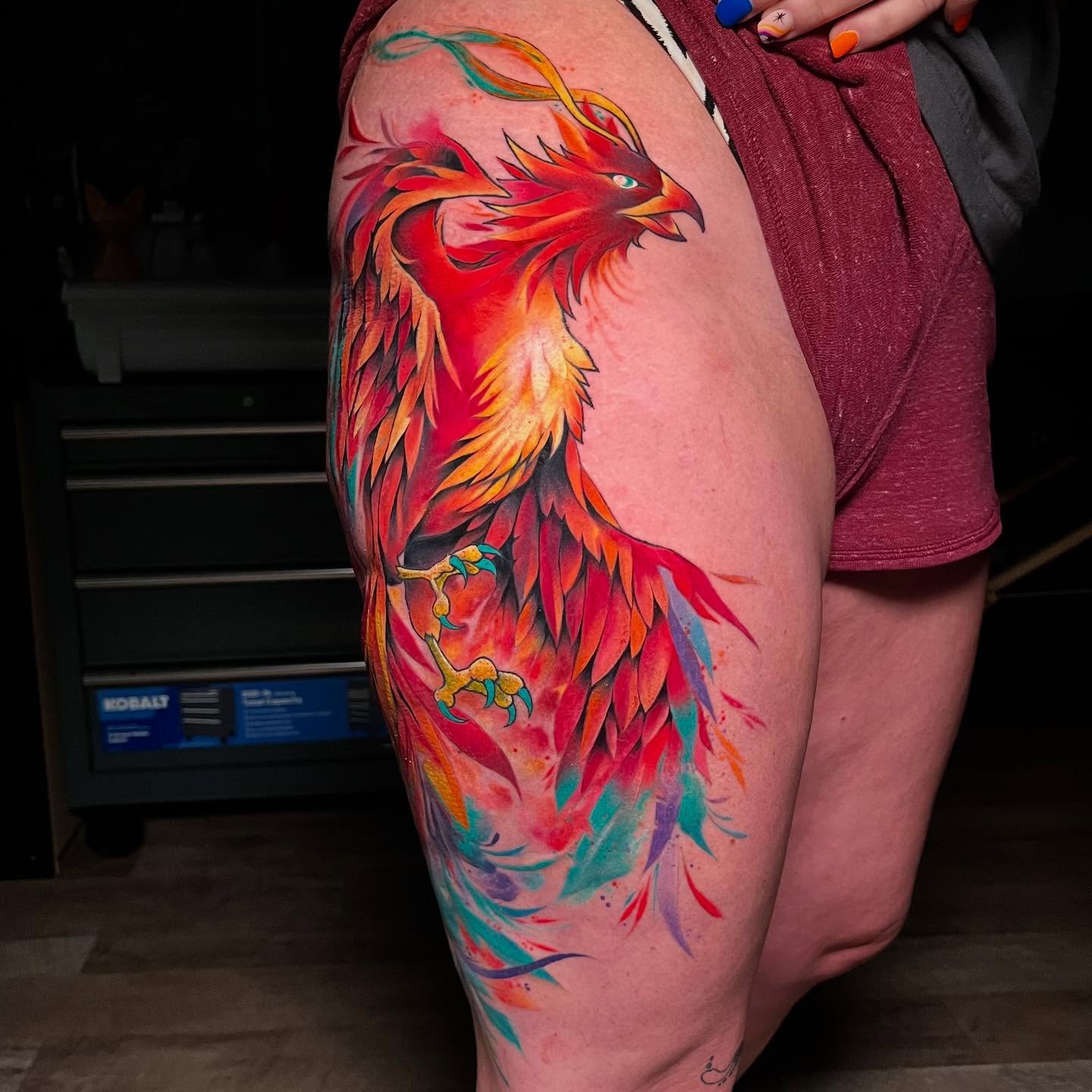 Phoenix watercolor tattoo on the thigh by 🪴Amanda Lugo🪴 Ocala Tattoo Artist