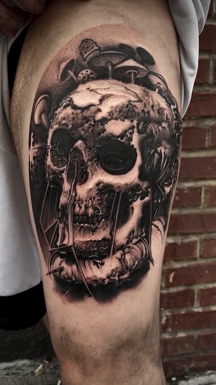 Skull with mushrooms and vines realism tattoo by Robert Hernandez