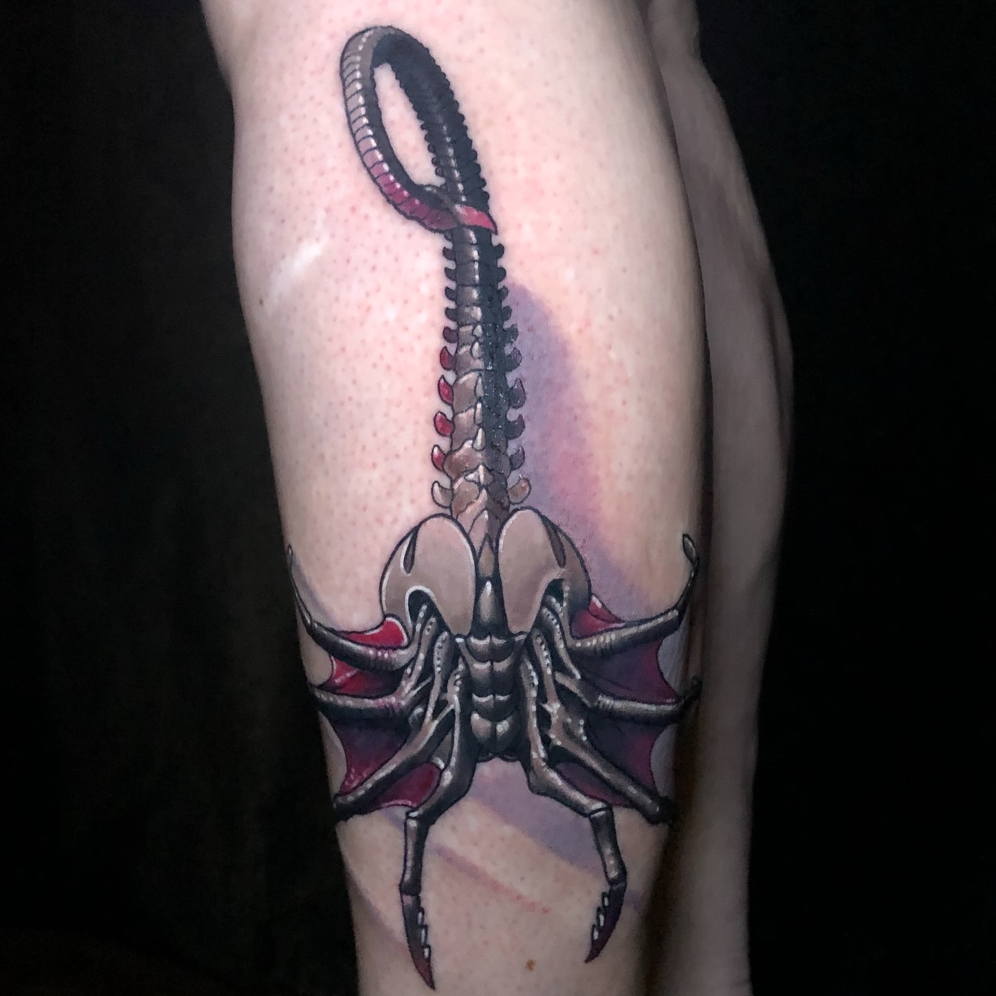 Scorpion realism tattoo on the thigh by Emily Walker