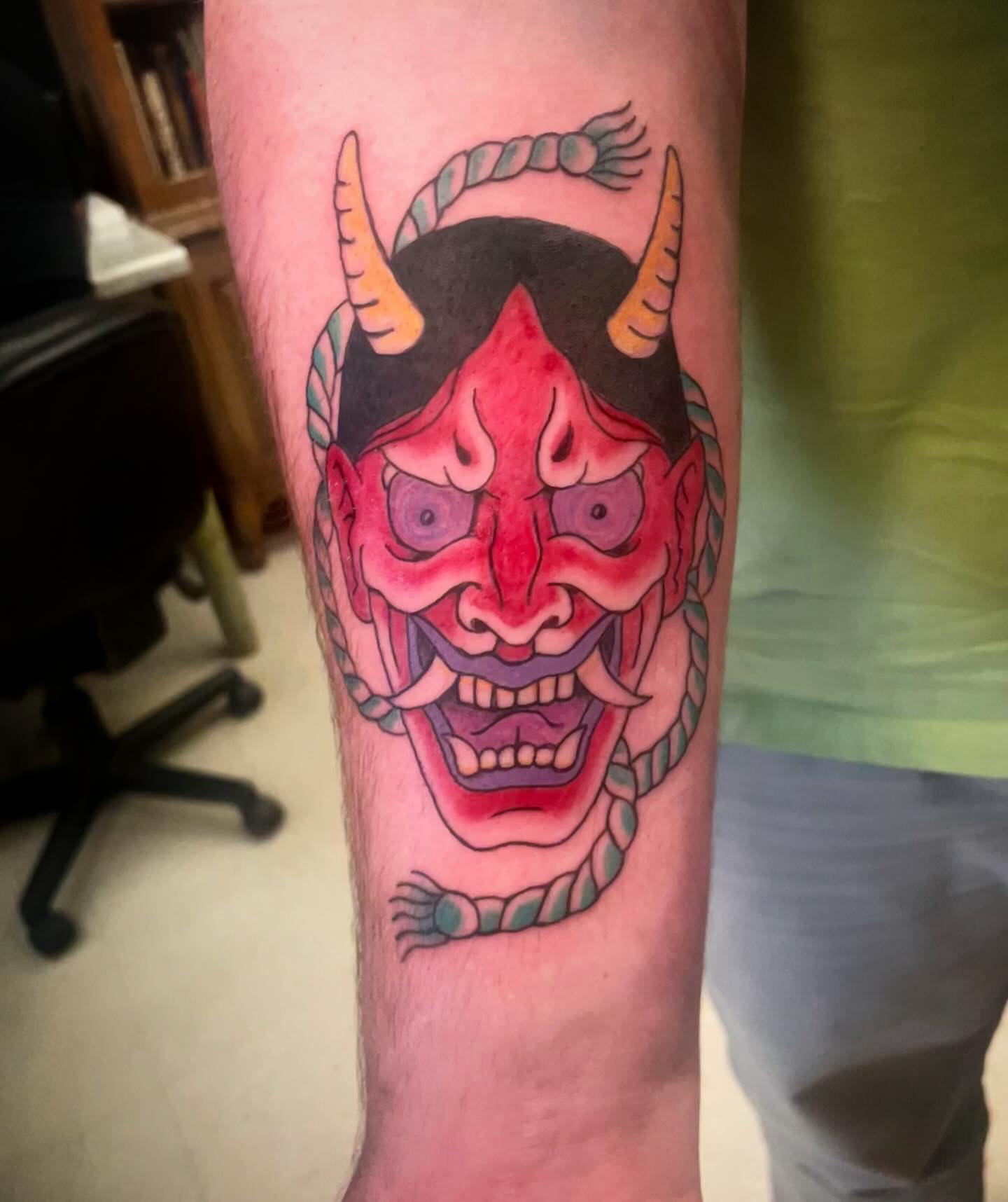 Demon mask japanese irezumi tattoo on the forearm by Logan Casimir