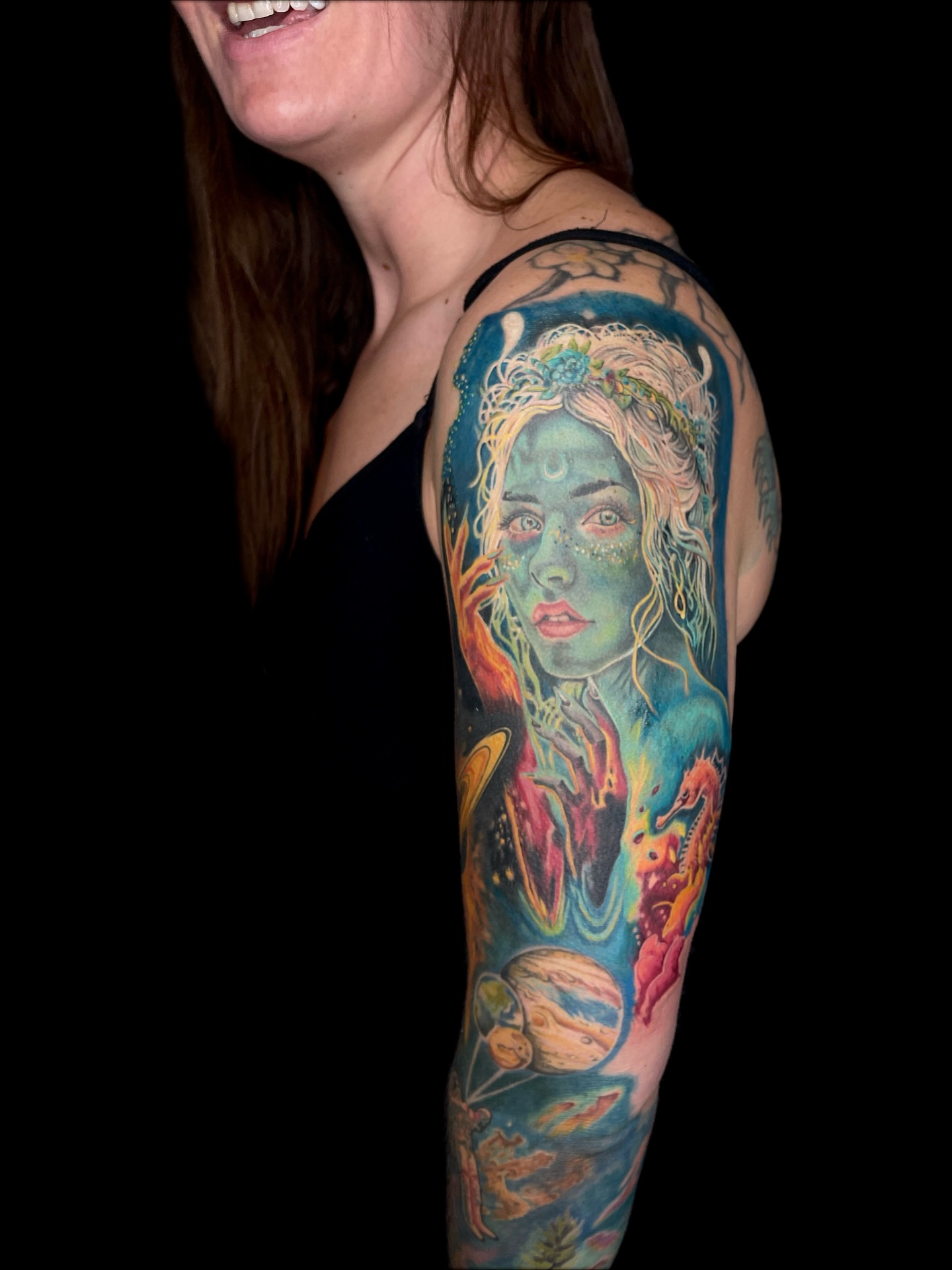 Mythical woman surrealism tattoo on the upper arm by Kelcie Koolaid : Tattoo artwork