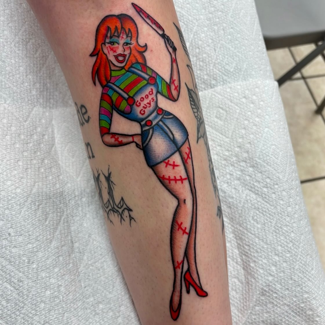 Jason voorhees trash polka tattoo on the forearm by Carson Smith, Chandler, Arizona