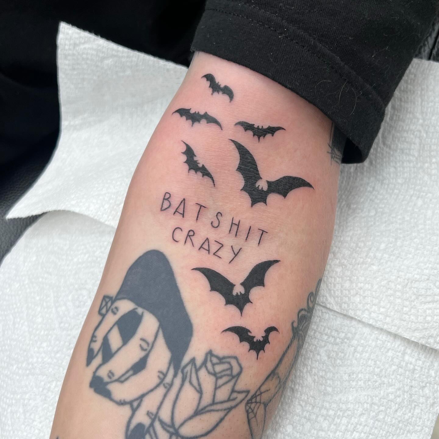 Bat black and grey tattoo on the forearm by Carson Smith, Chandler, Arizona