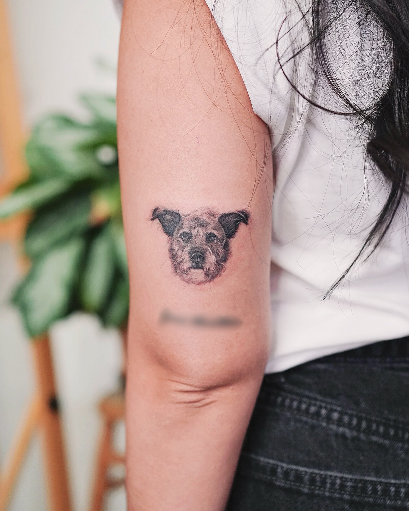 Dog face realism tattoo on the forearm by Lily, Los Angeles, California